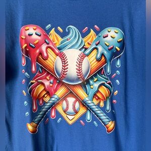 Gildan Blue Kids Tee with Colorful Baseball & Ice Cream Graphic